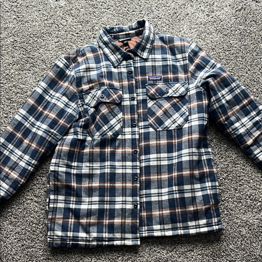 Patagonia Men’s Insulated Fjord Flannel Jacket Blue and Tan